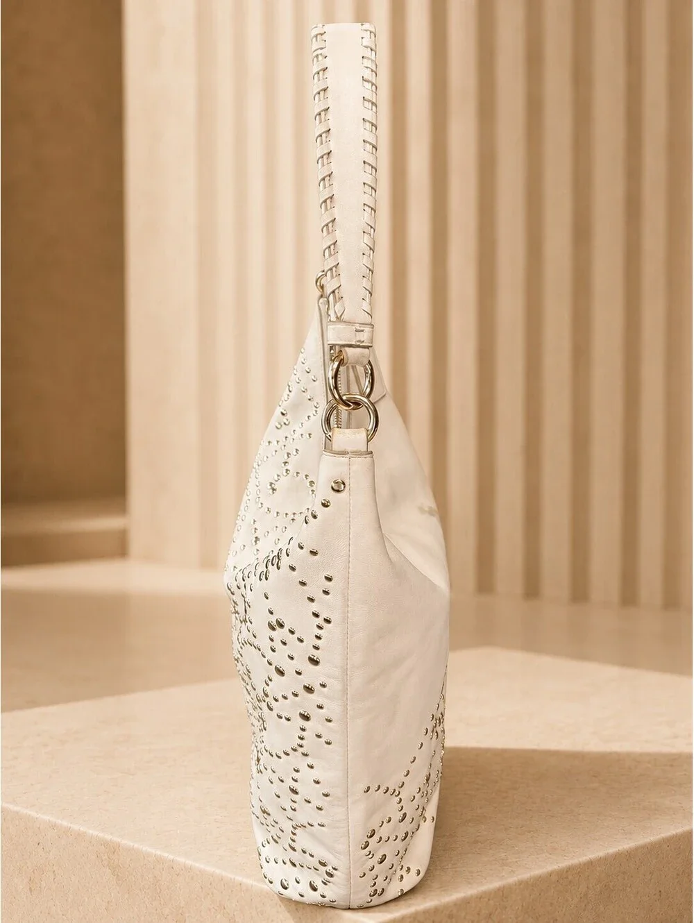 Coach Studded Leather Hobo Bag White Medium Shoulder Purse